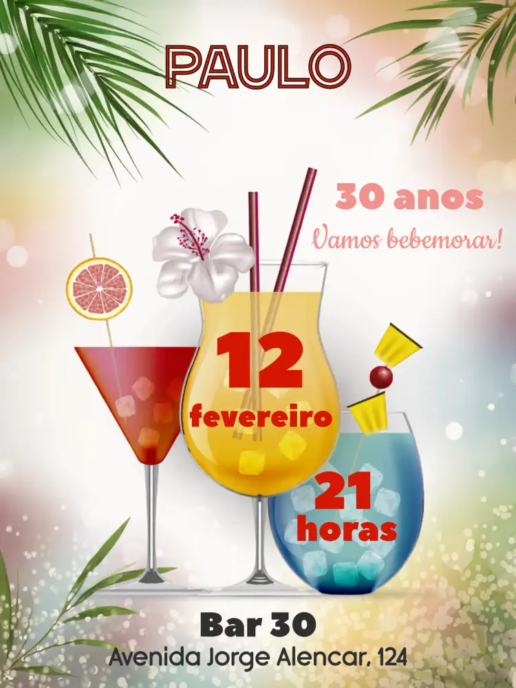 Convite A Drinks Adulto – tema Aniversário moderno, elegante, descontraído, colorido, minimalista