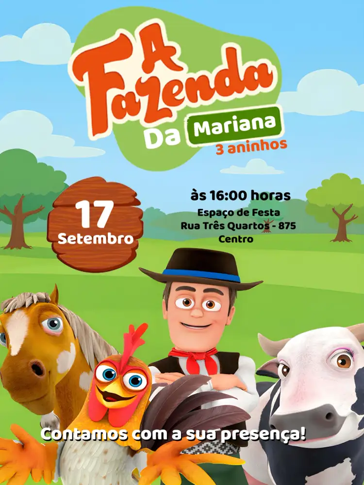 Convite A Fazenda Do Zenon Animais – tema Mais pesquisados colorido, rústico, divertido, infantil, familiar, temático