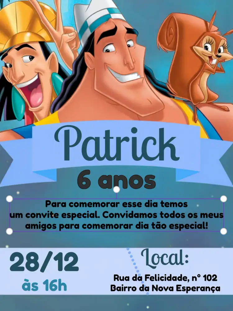 Convite A Nova Onda Do Imperador Kronk Esquilo – tema Aniversário Infantil divertido, colorido, infantil, moderno, lúdico, animado