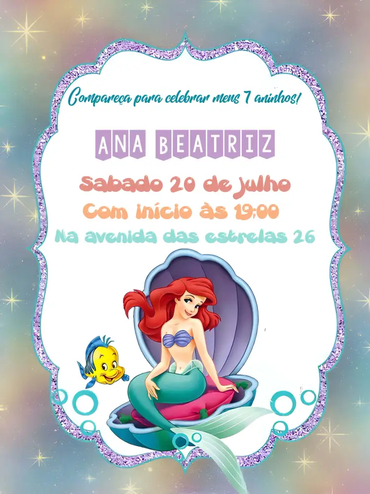Convite A Pequena Sereia Ariel – tema Aniversário Infantil cores vibrantes, tema subaquático, elementos marinhos, estilo lúdico, design alegre, inspirado em contos de fadas