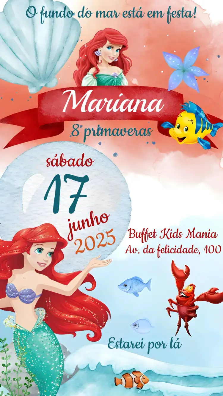 Convite A Pequena Sereia Ariel – tema Mais pesquisados marinho, colorido, fantasia, infantil, tropical, mágico