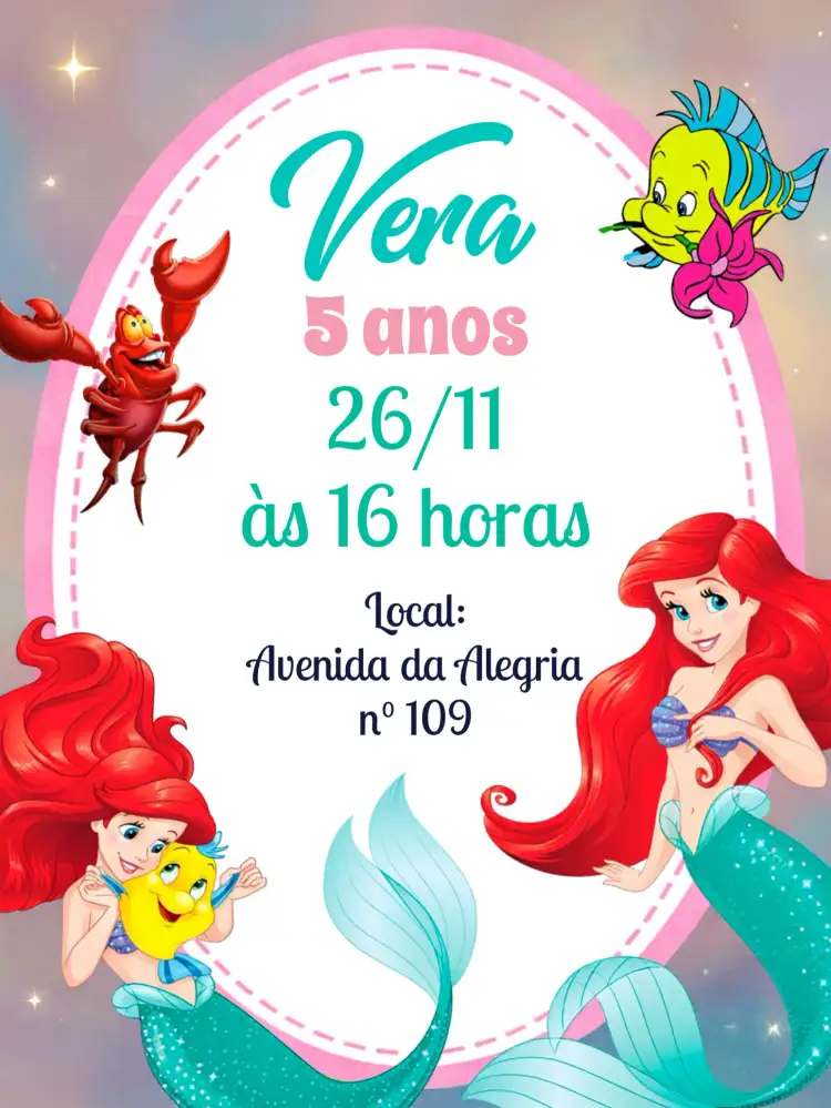 Convite A Pequena Sereia Azul – tema Aniversário Infantil cores azul e rosa, elementos marinhos, estilo lúdico, design infantil, tema de princesa, fundo do mar