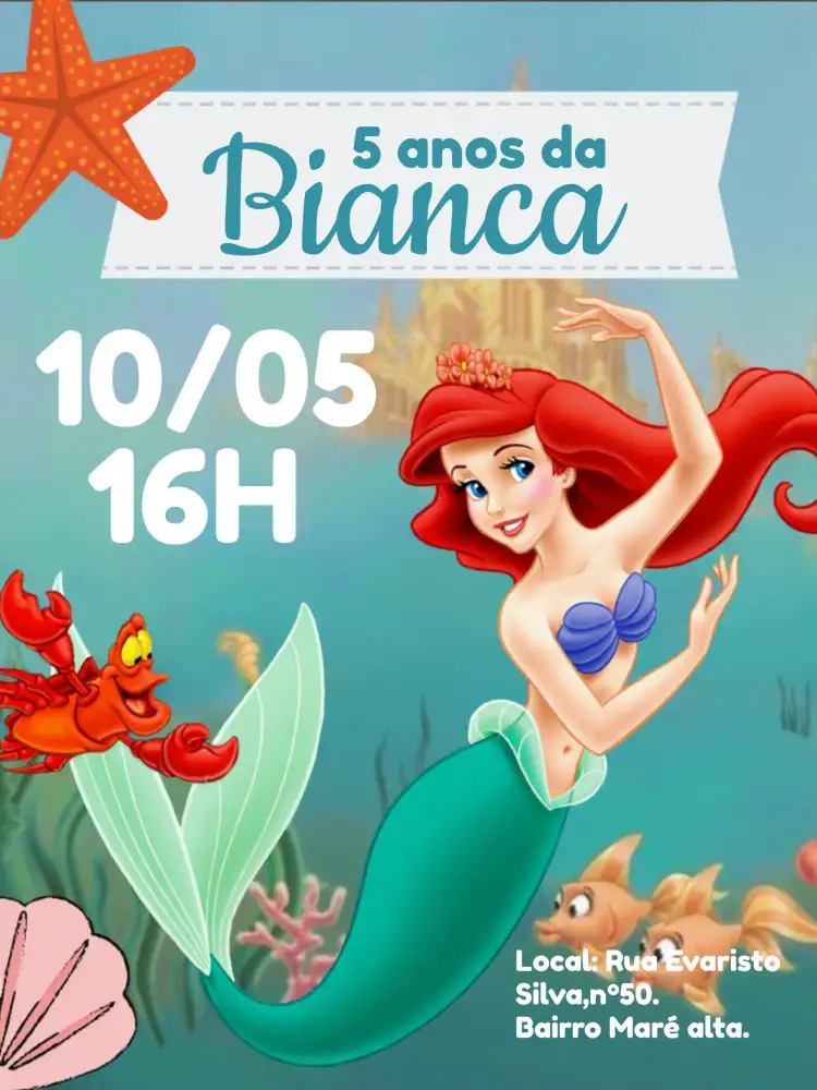 Convite A Pequena Sereia Branco – tema Mais pesquisados marinho, fantasia, colorido, infantil, divertido