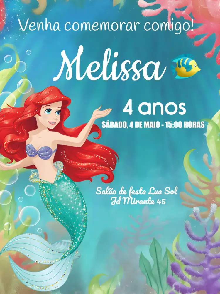 Convite A Pequena Sereia Sebastian – tema Mais pesquisados cores do mar, glitter, personagens da Disney, estilo lúdico, elementos marinhos, design vibrante