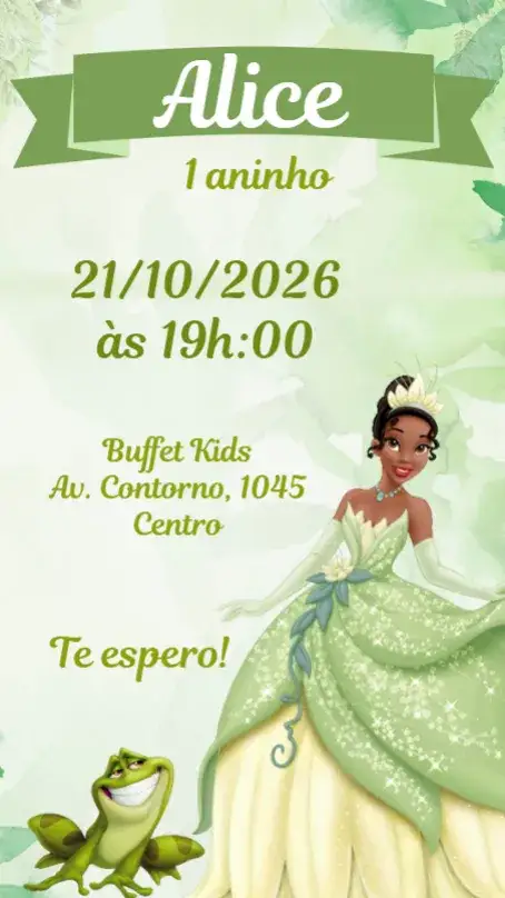 Invitación A Princesa e o Sapo – tema Aniversário Infantil cores vibrantes, estilo lúdico, elementos gráficos de contos de fadas, ilustrações divertidas, design encantador