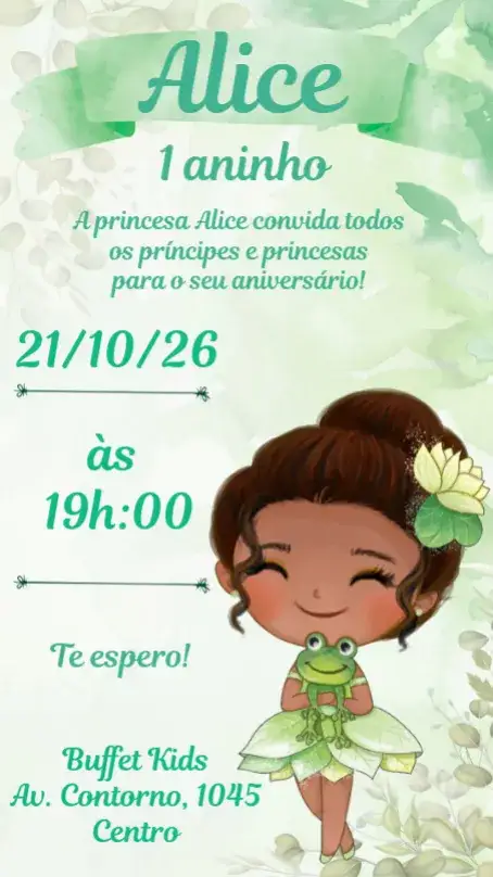 Invitación La Princesa y la Sapo Acuarela – tema Cumpleaños Infantil acuarela, colorido, lúdico, infantil, fantasía