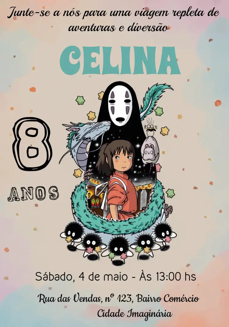 Convite A Viagem De Ichiro – tema Batizado ilustrações delicadas, cores suaves, estilo lúdico, elementos gráficos, estilo minimalista