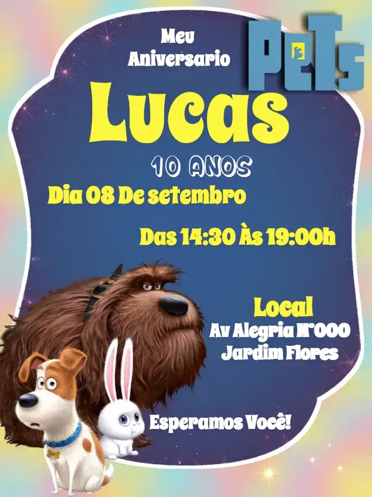 Convite A Vida Secreta Dos Pets Verde – tema Datas Comemorativas divertido, colorido, temático, moderno, animais, jovial