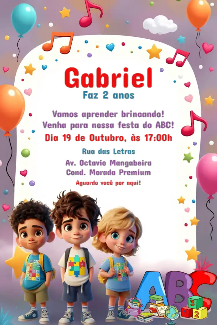 Convite Abc Colorido – tema Formatura colorido, arco-íris, moderno, infantil, vibrante