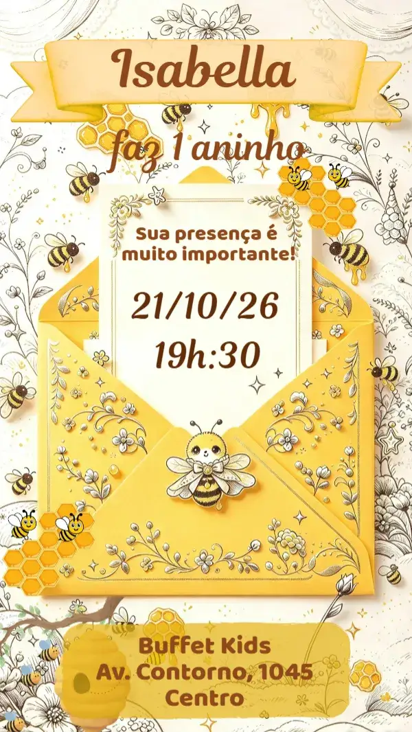Convite Abelhinha – tema Aniversário Infantil cores amarelo e preto, design lúdico, estilo alegre, elementos naturais, ilustrações divertidas