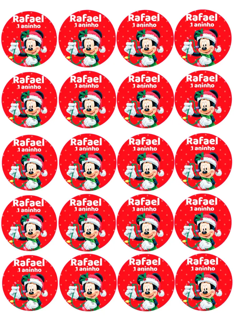 Convite Adesivo Natal Mickey 5cm Redondo – tema Datas Comemorativas temático, colorido, divertido, infantil, natalino, festivo