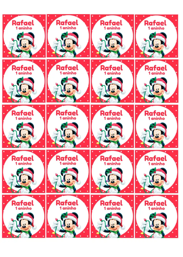 Convite Adesivo Natal Mickey Mouse 5cm Quadrado – tema Datas Comemorativas vermelho, festivo, infantil, cartoon, divertido