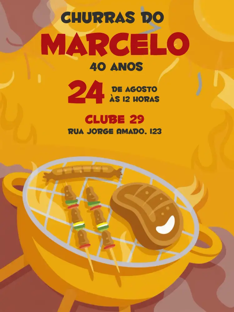 Convite Adulto Churrasco – tema Aniversário preto e amarelo, vermelho vibrante, estilo moderno, design gráfico alegre, fundo escuro, tema de churrasco