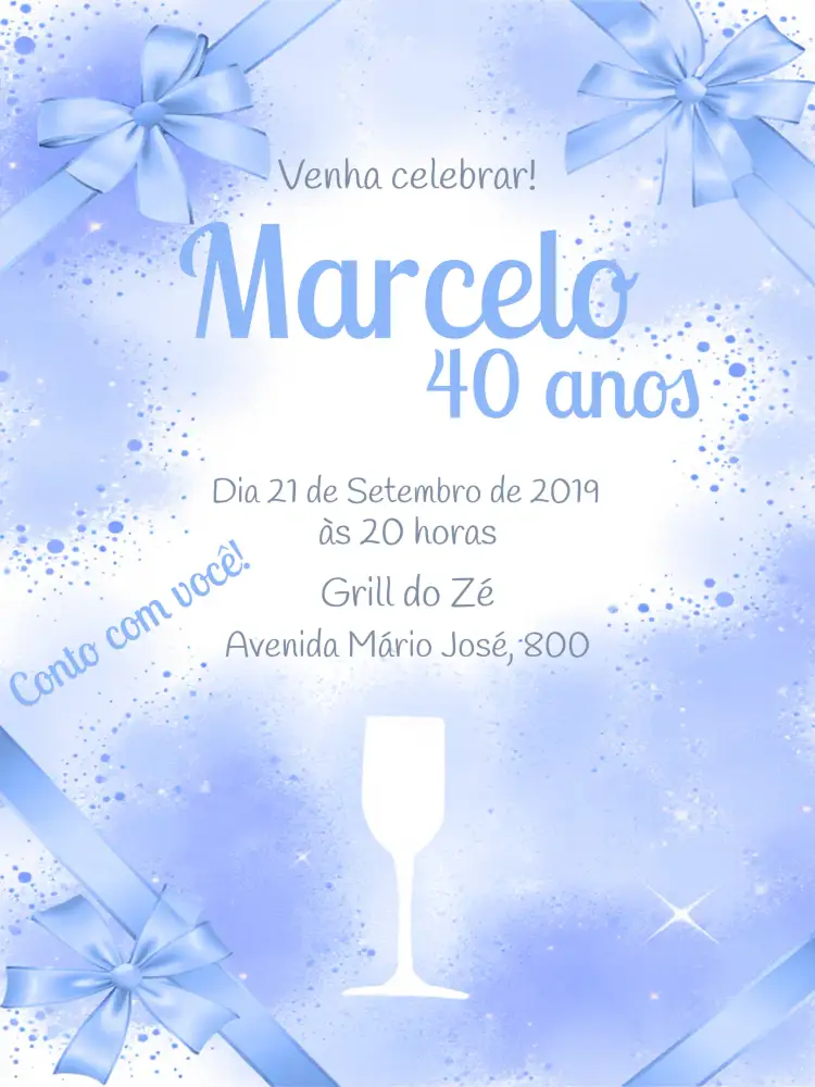 Convite Adulto Masculino - Branco E Azul Cetim – tema Aniversário elegante, moderno, azul, branco, cetim, sofisticado
