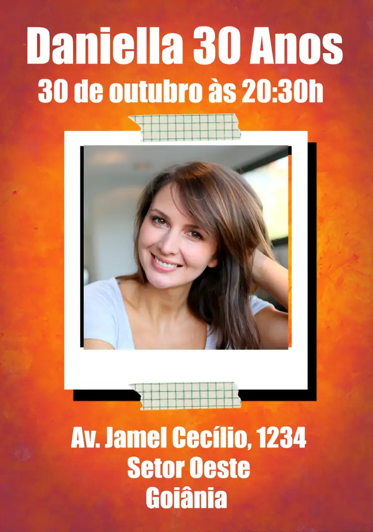 Convite Adulto Polaroid Branco – tema Aniversário moderno, minimalista, branco e laranja, fotográfico, elegante