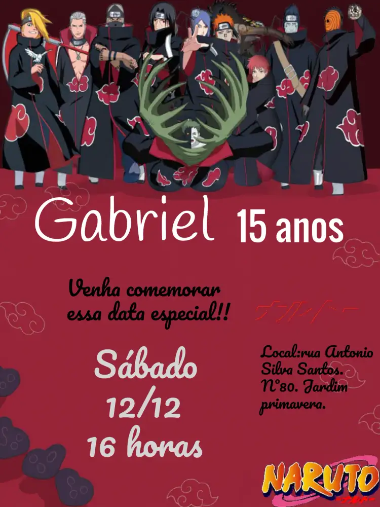 Convite Akatsuki Naruto – tema Aniversário Infantil anime, moderno, colorido, temático, divertido
