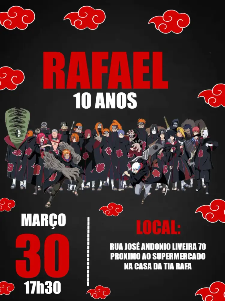 Convite Akatsuki Naruto Japones – tema Aniversário Infantil anime, moderno, japonês, colorido, temático, vibrante