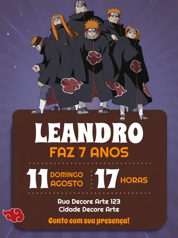 Convite Akatsuki Naruto Marrom – tema Aniversário Infantil marrom, laranja, branco, ninja, anime, temática