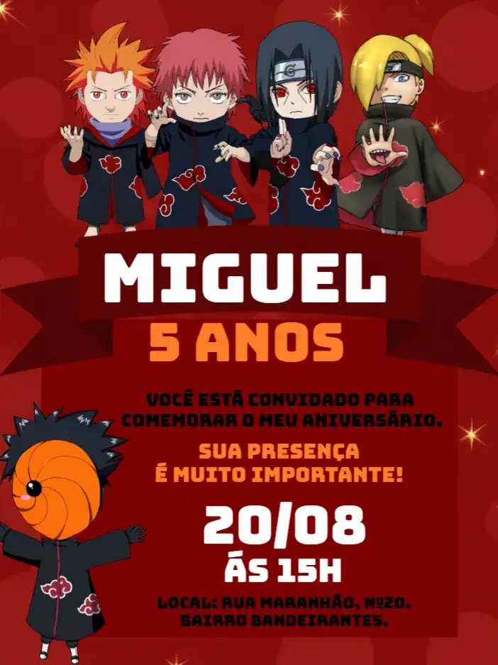 Convite Akatsuki Vermelho – tema Aniversário Infantil anime, ninja, moderno, colorido, jovial