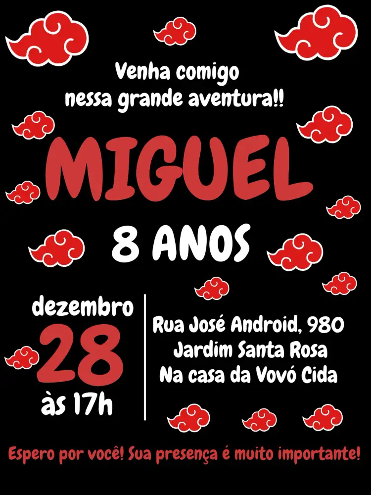 Convite Akatsuki Vermelo – tema Aniversário Infantil temática anime, cores vibrantes, elementos gráficos de Naruto, design moderno, estilo divertido, inspirado em personagens