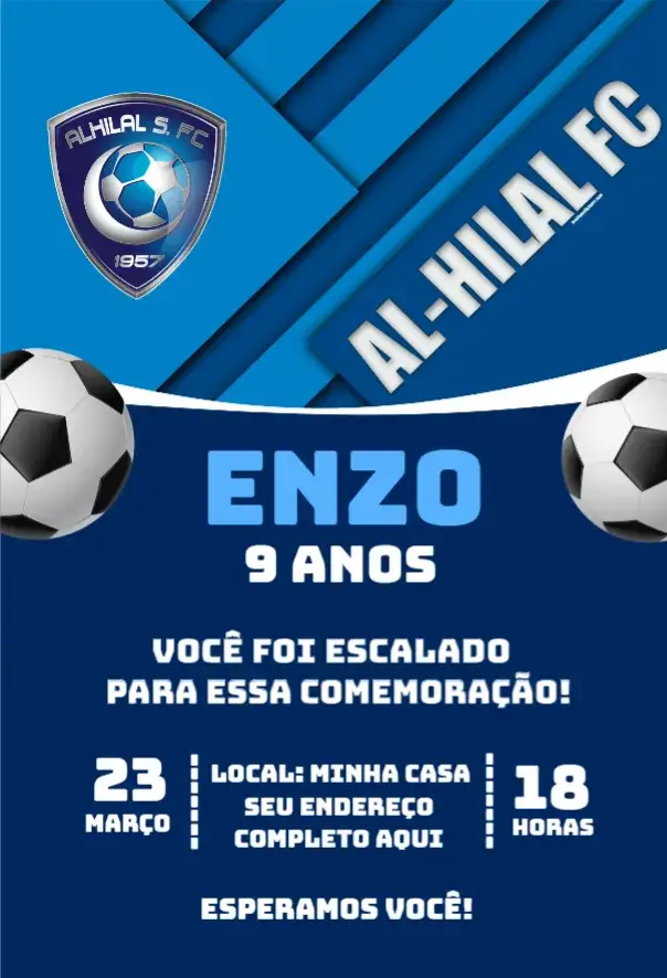 Convite Al-hilal 3 – tema Aniversário futebol, moderno, colorido, temático, esportivo