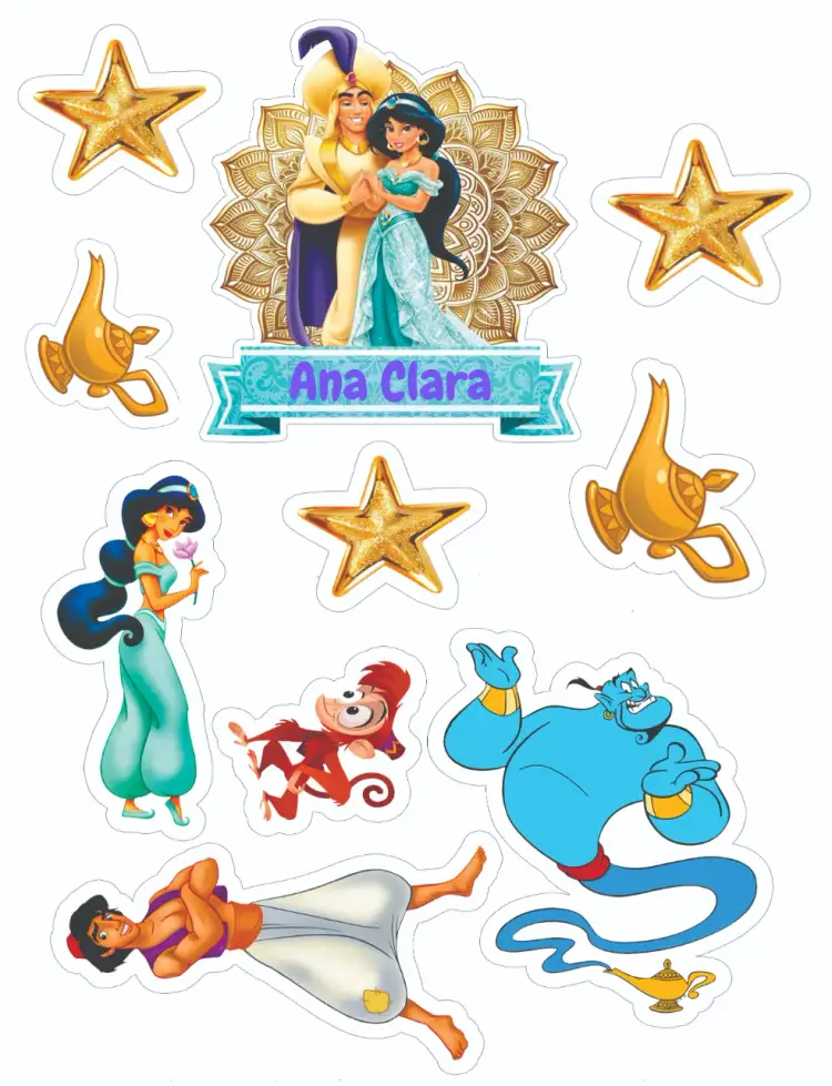 Convite Aladdin – tema Topo de bolo cores vibrantes, elementos gráficos inspirados na Arábia, design lúdico, estilo encantado, detalhes de fantasia