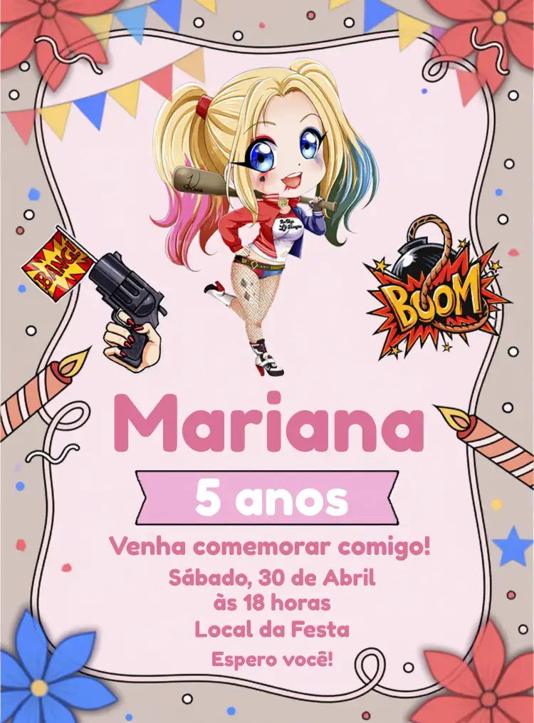 Convite Alerquina Queen – tema Mais pesquisados colorido, moderno, quadrinhos, vibrante, jovem