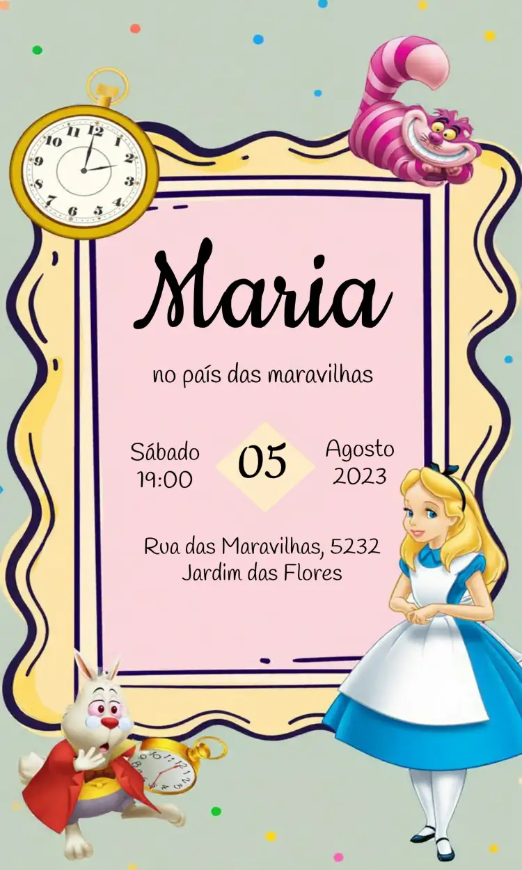 Convite Alice No País Das Maravilhas – tema Datas Comemorativas colorido, fantasia, ilustrações lúdicas, estilo vintage, mágico, vibrante