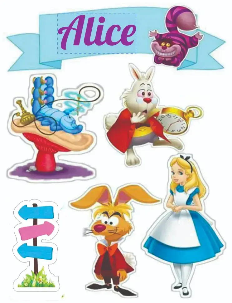 Convite Alice no País das Maravilhas – tema Topo de bolo cores vibrantes, estilo lúdico, personagens encantados, elementos gráficos do conto, design divertido