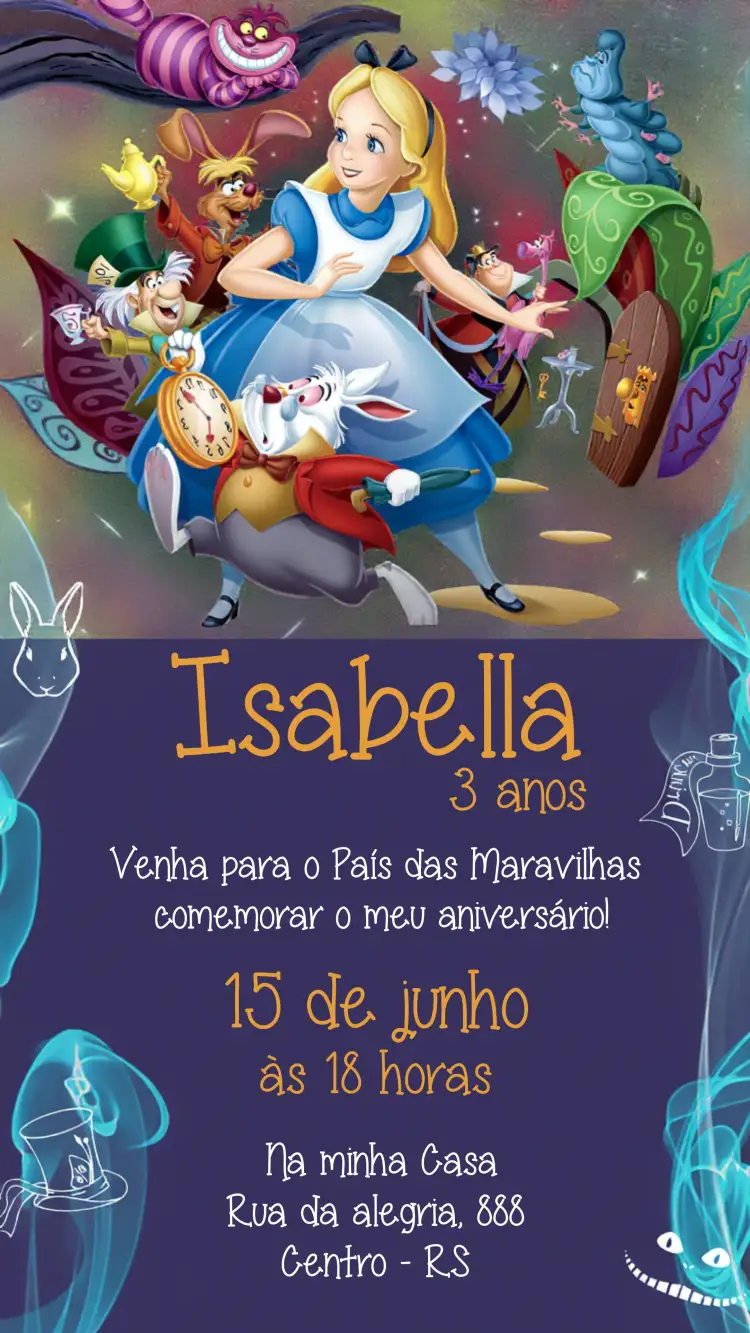 Convite Alice No País Das Maravilhas – tema Datas Comemorativas colorido, fantástico, ilustrações de contos de fadas, vintage, divertido