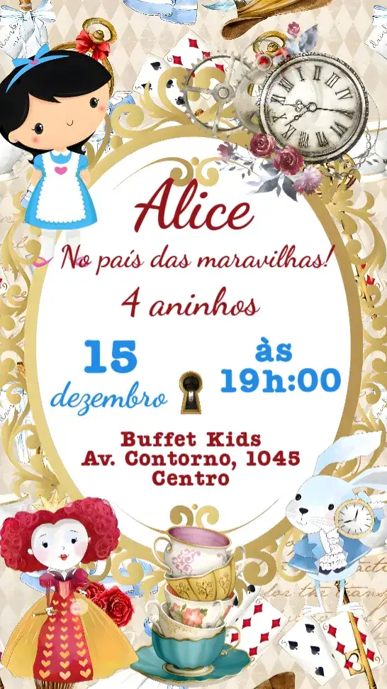 Convite Alice no país das Maravilhas – tema Aniversário Infantil colorido, fantasia, ilustrações lúdicas, estilo vintage, elementos gráficos da história