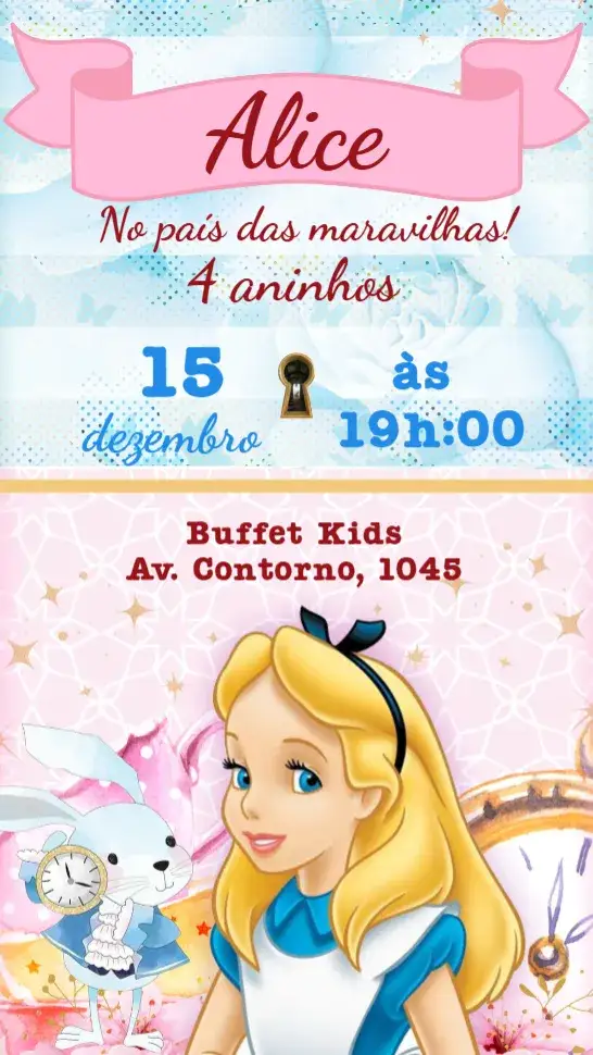 Convite Alice no país das Maravilhas – tema Aniversário Infantil mágico, colorido, fantasia, ilustrações lúdicas, vintage, brincalhão