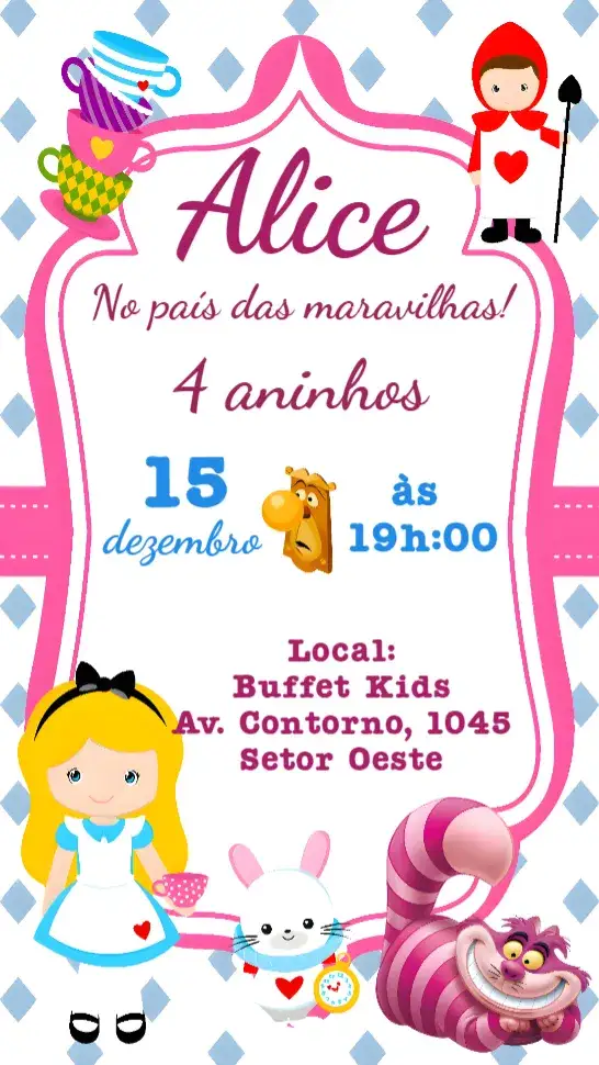 Convite Alice no país das Maravilhas – tema Aniversário Infantil colorido, fantasia, lúdico, vintage, ilustrações divertidas, mágico