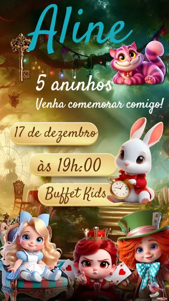 Convite Alice no país das Maravilhas – tema Aniversário Infantil mágico, colorido, fantasia, vintage, ilustração, lúdico