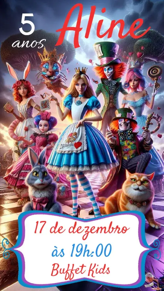 Convite Alice no país das Maravilhas – tema Aniversário colorido, fantástico, lúdico, ilustrações de conto de fadas, vintage, estilo de desenho animado