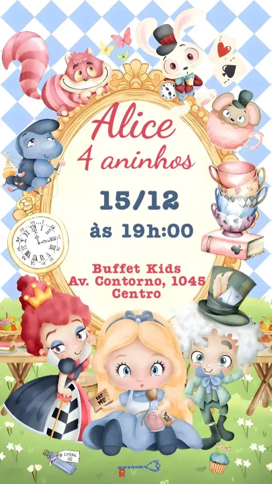 Convite Alice no país das Maravilhas – tema Aniversário Infantil aquarela, mágico, colorido, fantasia, lúdico, divertido