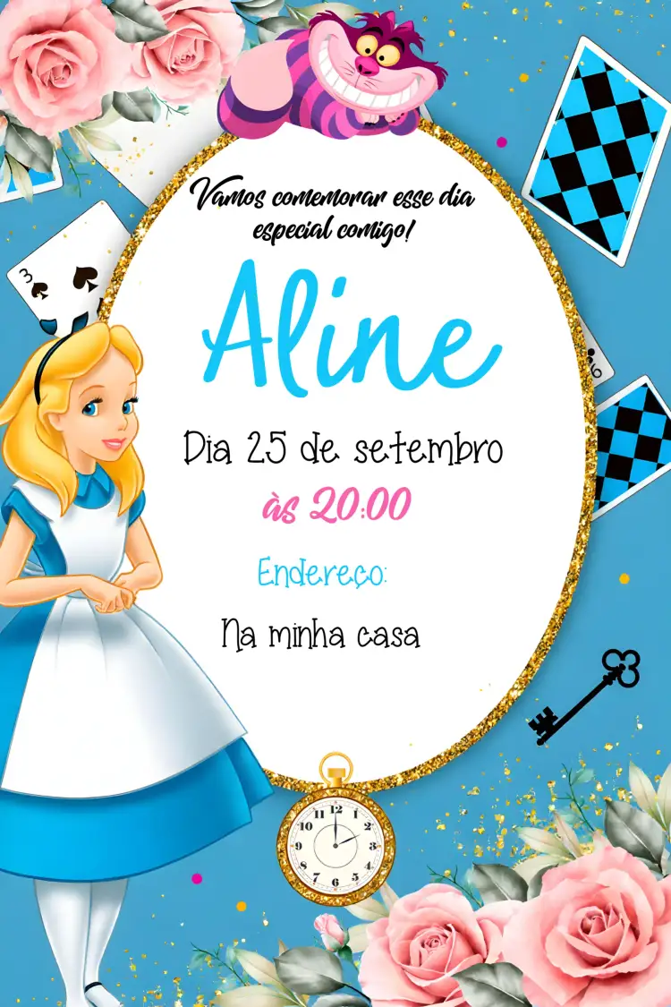 Convite Alice No País Das Maravilhas – tema Datas Comemorativas colorido, fantástico, ilustrações lúdicas, vintage, mágico, divertido