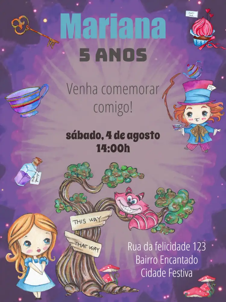 Convite Alice No Pais Das Maravilhas Aquarela – tema Datas Comemorativas aquarela, delicado, infantil, cores suaves, fantasia