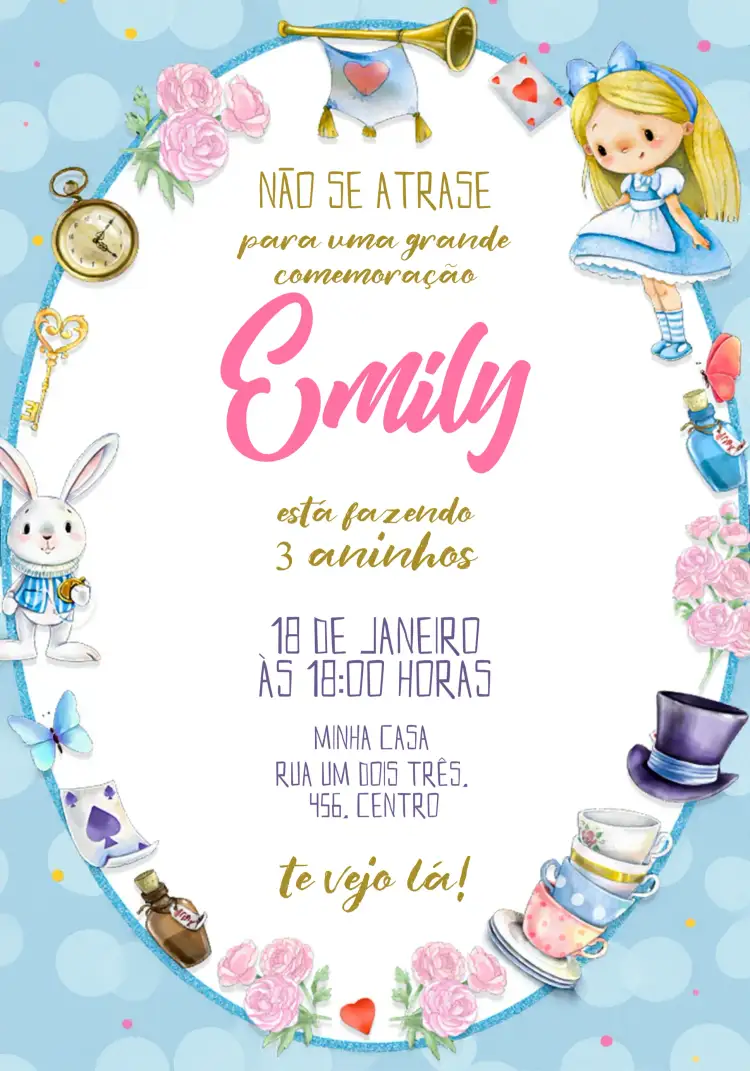 Convite Alice No País Das Maravilhas Aquarela – tema Datas Comemorativas aquarela, fantasia, colorido, lúdico, vintage, ilustração
