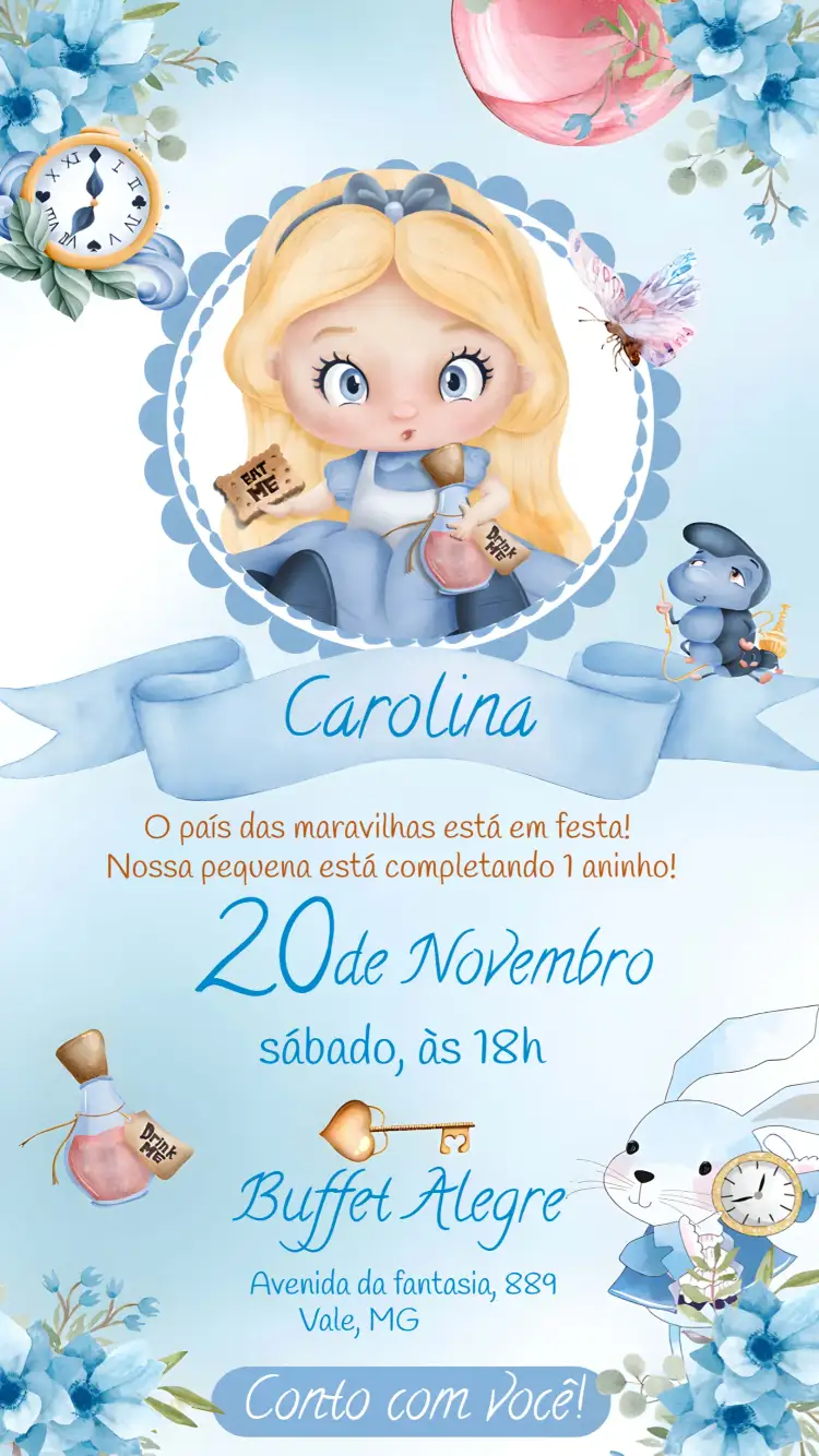 Convite Alice No País Das Maravilhas Aquarela Cute – tema Mais pesquisados aquarela, floral, colorido, lúdico, infantil, vintage