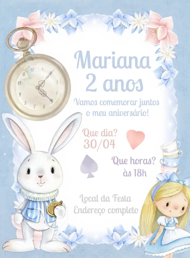 Convite Alice No País Das Maravilhas Aquarela Louças – tema Mais pesquisados aquarela, floral, temática, colorido, fantasia