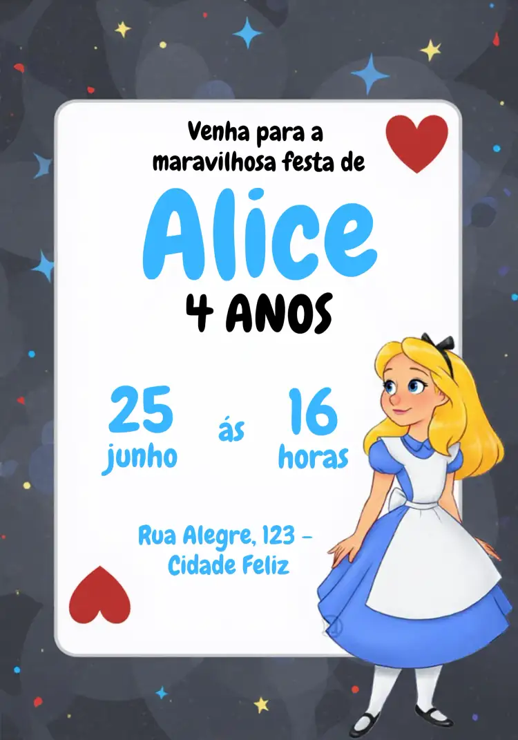 Convite Alice No País Das Maravilhas Azul – tema Datas Comemorativas fantasia, lúdico, azul e branco, ilustrações infantis, estilo conto de fadas, visual encantado