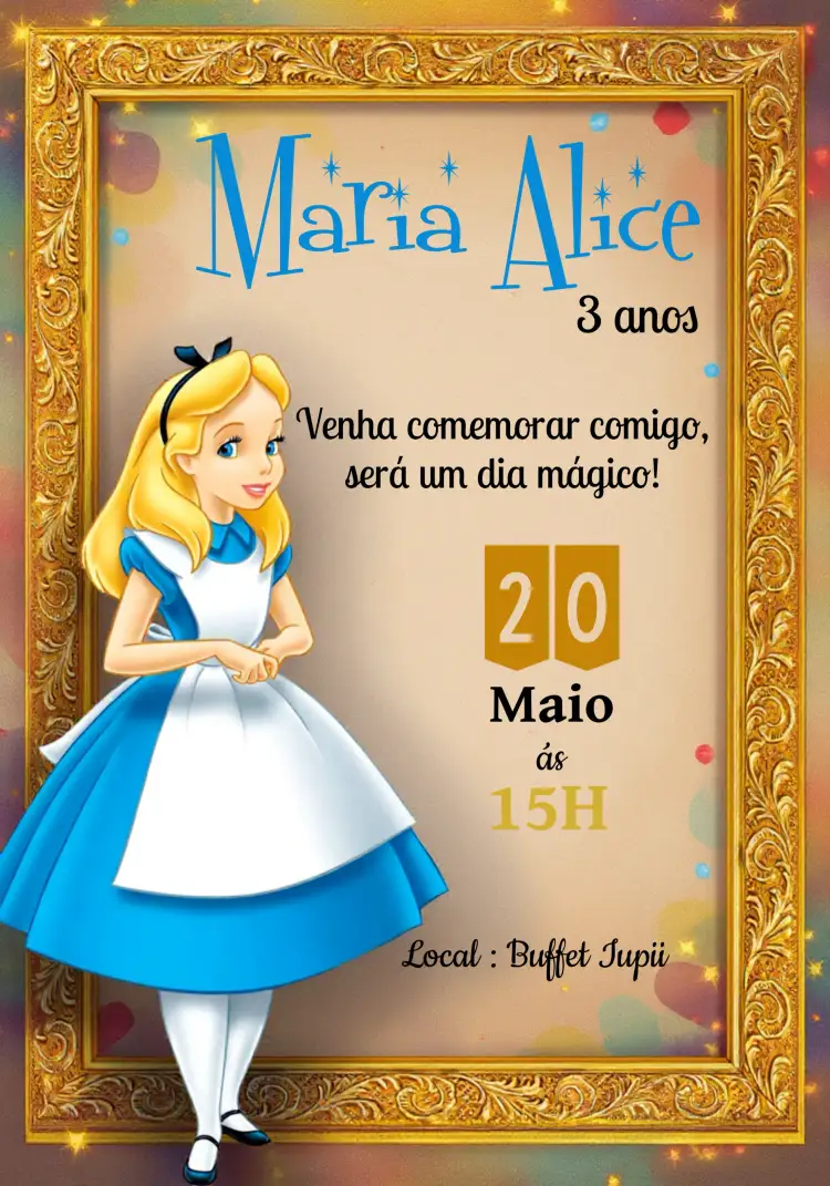 Convite Alice No País Das Maravilhas Azul – tema Datas Comemorativas azul, dourado, preto, vintage, fantasia, lúdico