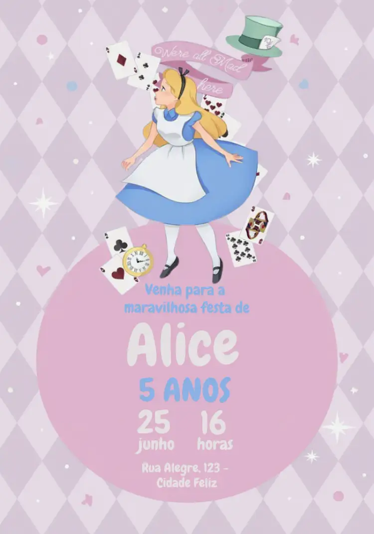 Convite Alice No País Das Maravilhas Azul – tema Datas Comemorativas lúdico, fantasia, azul e branco, ilustrações infantis, estilo vintage, festa temática