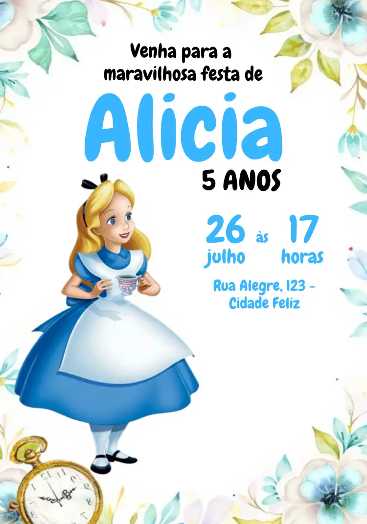 Convite Alice No País Das Maravilhas Branco – tema Datas Comemorativas fantasia, colorido, lúdico, infantil, vintage, ilustrações