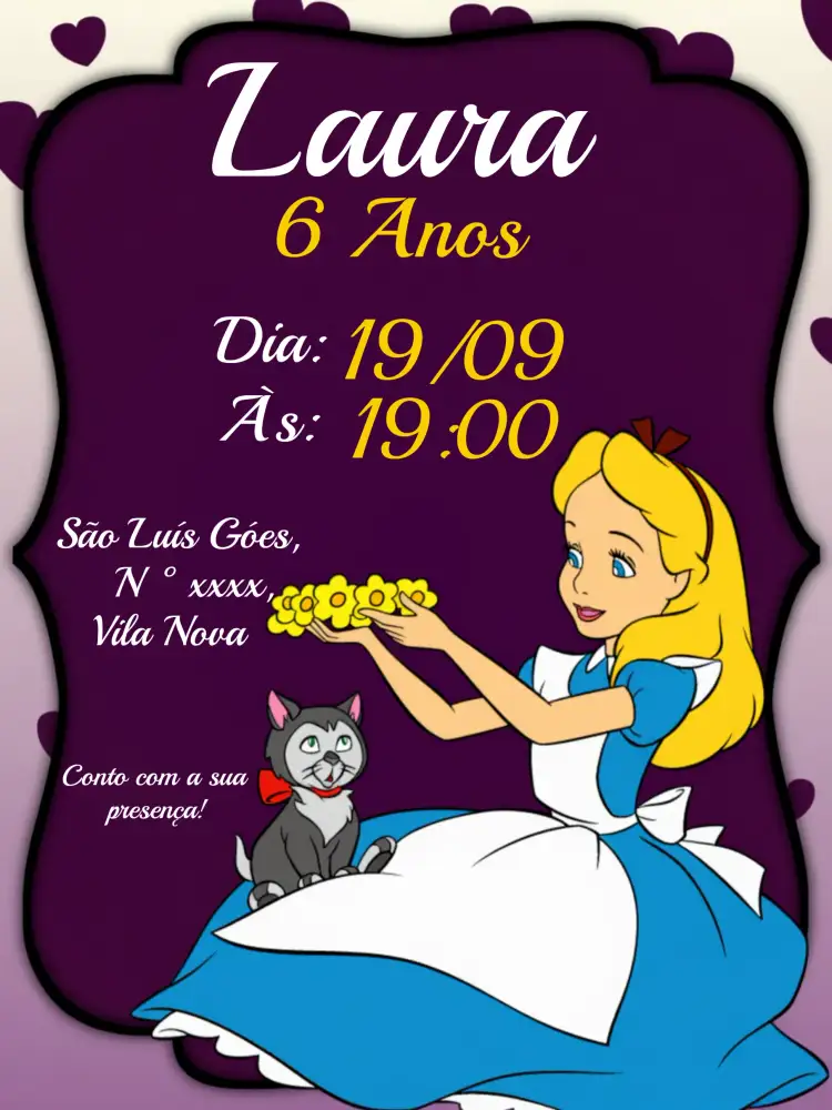 Convite Alice No País Das Maravilhas Branco – tema Datas Comemorativas fantasia, lúdico, colorido, ilustrações encantadoras, estilo vintage