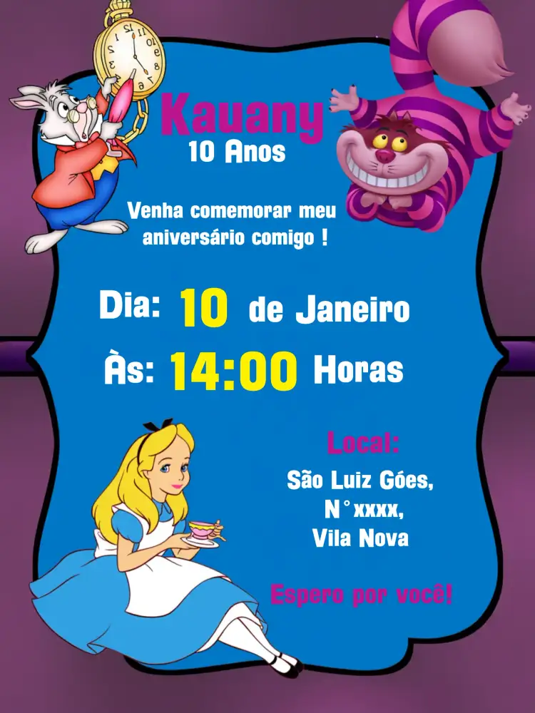Convite Alice No País Das Maravilhas Branco – tema Datas Comemorativas branco, azul, amarelo, ilustrações lúdicas, estilo vintage, elementos de fantasia
