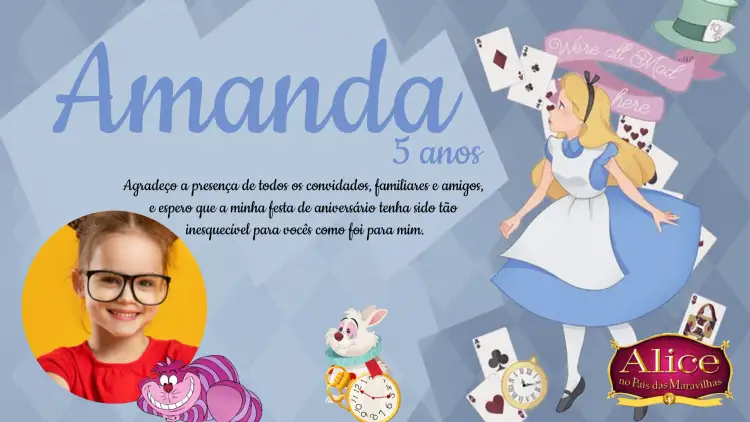 Convite Alice No País Das Maravilhas Com Foto Digital – tema Datas Comemorativas fantasia, colorido, ilustração lúdica, vintage, divertido