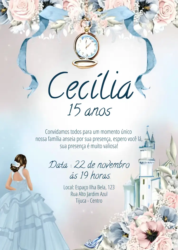Convite Alice No Pais Das Maravilhas Debutante Anos – tema Aniversário Infantil azul, branco, delicado, fantasia, princesa, ilustrações lúdicas