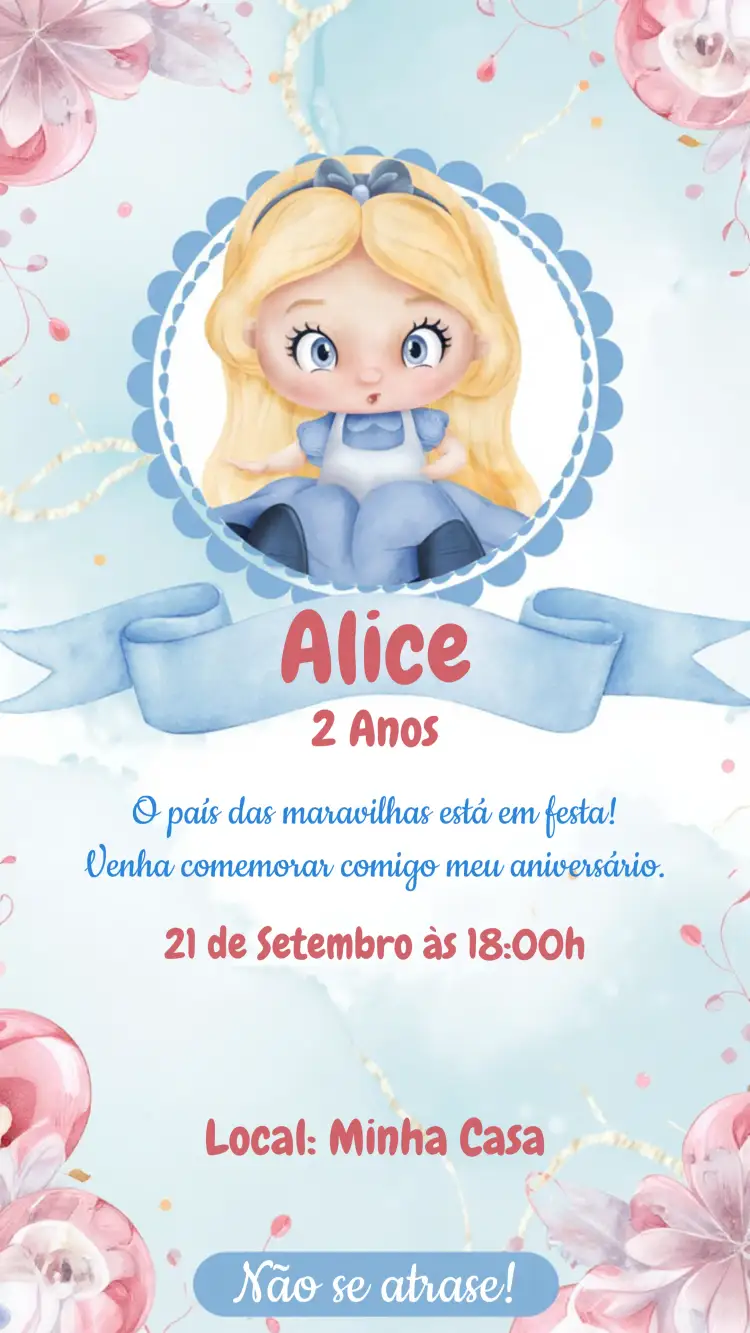 Convite Alice No Pais Das Maravilhas Gato – tema Datas Comemorativas aquarela, azul, temática infantil, elementos gráficos lúdicos, mágico, coração leve
